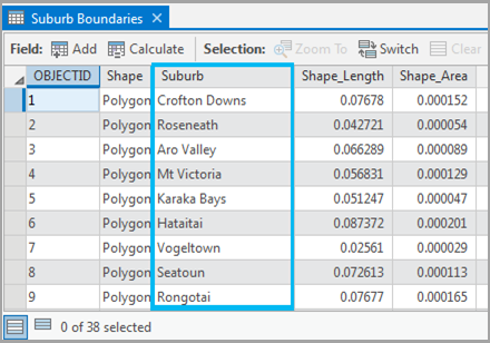 Suburb Boundaries attribute table.