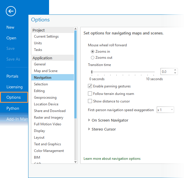 Options dialog box for navigation