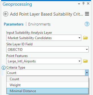 Add Point Layer Based Suitability Criteria pane