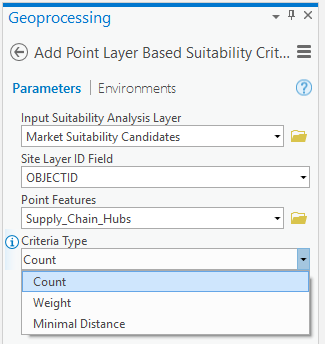 Add Point Layer Based Suitability Criteria pane