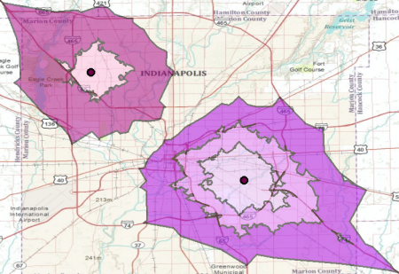 Service areas with different polygon breaks for different facilities