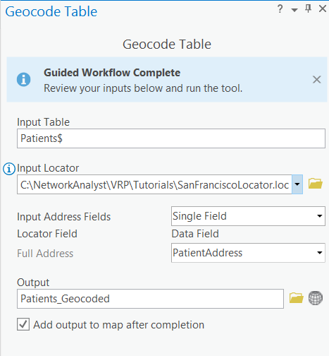 Geocode Table geoprocessing tool with inputs