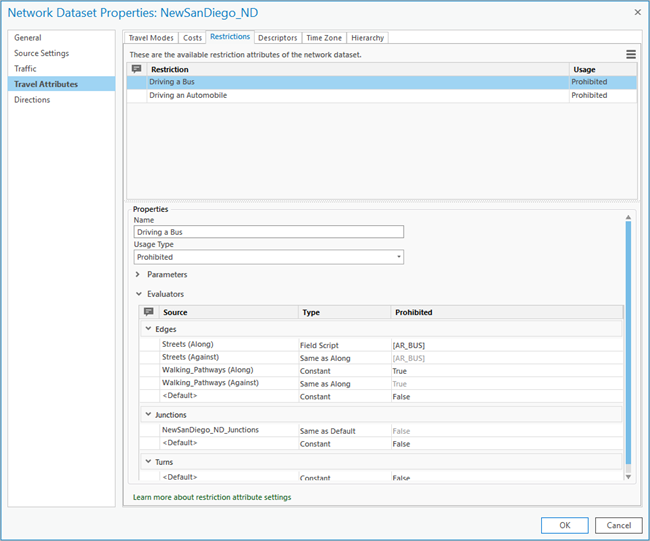 The restriction page in the Network Dataset Properties, showing the Driving a Bus restriction