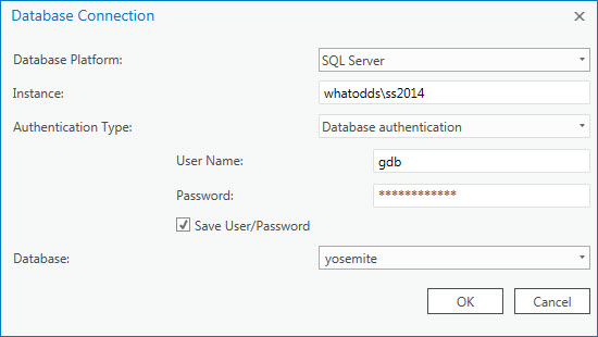 Example connection to a database on a SQL Server named instance using database authentication