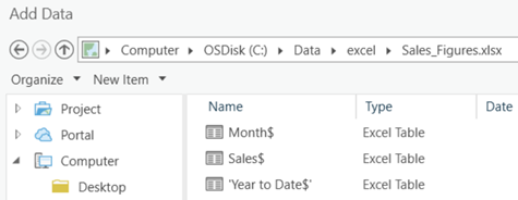 Excel worksheets in the Sales_Figures workbook on the Add Data dialog box