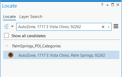 Result of POI place name search with complete address and postal code in the Locate pane
