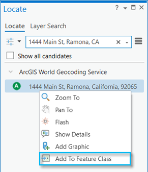 Select Add To Feature Class context menu of result in Locate pane