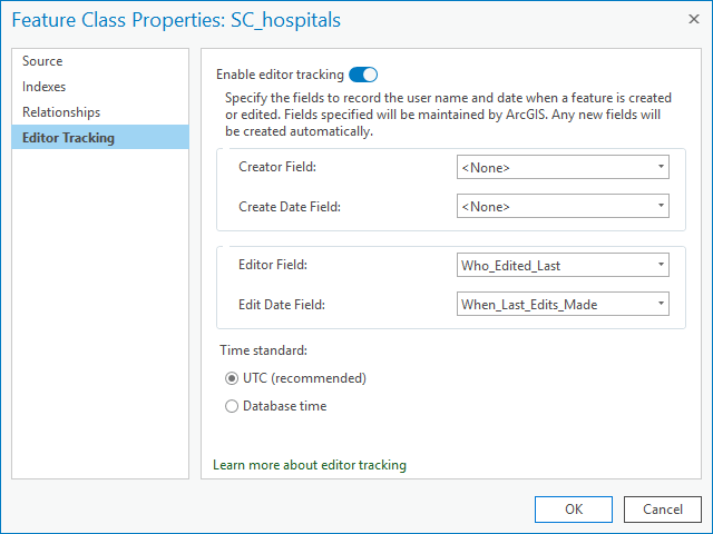 Customize fields used to store editor tracking information when using the Editor Tracking tab