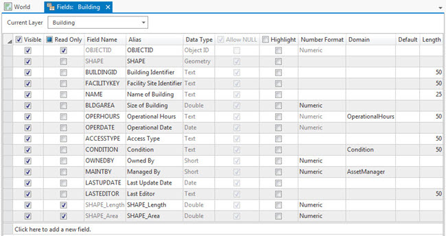 Fields view for the Building layer of the Campus Editing data model