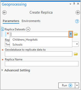 Create Replica geoprocessing tool displaying the drop-down option to select features in the map with definition queries applied