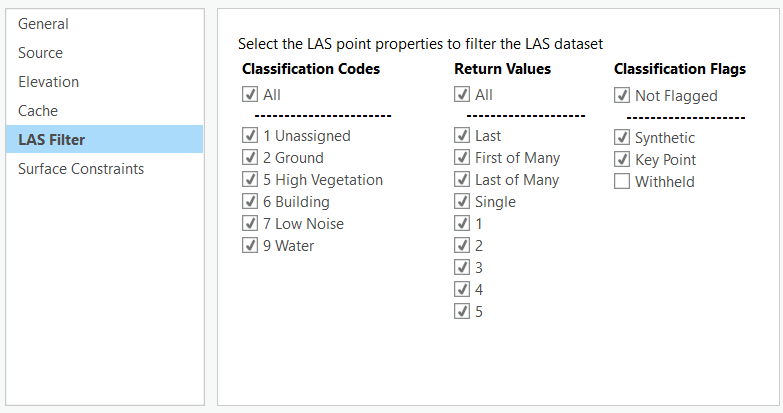 The LAS Filter tab on the Layer Properties dialog box.