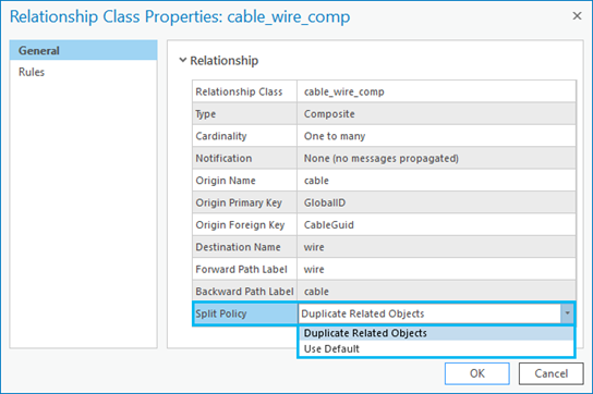 Relationship Class split policy drop down options