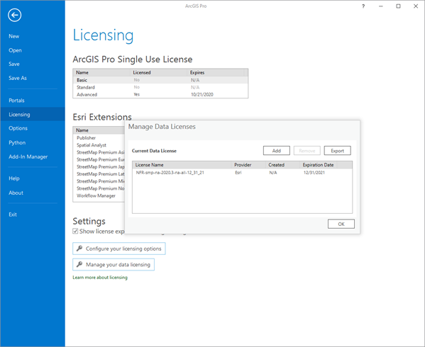 Manage Data Licenses pane showing the StreetMap Premium license file (*.sdlic)