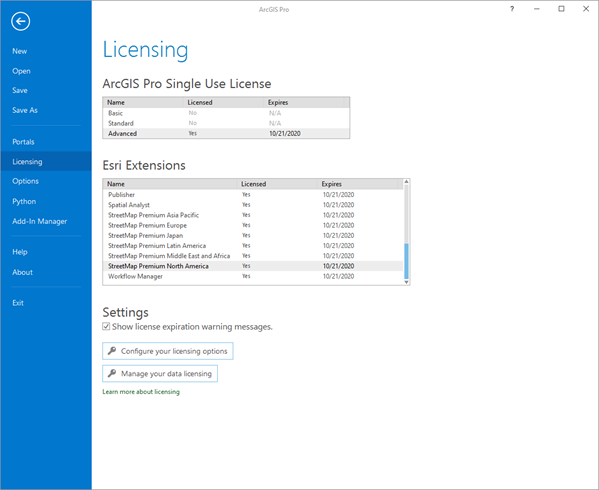 Licensing pane showing the Esri Extensions for StreetMap Premium