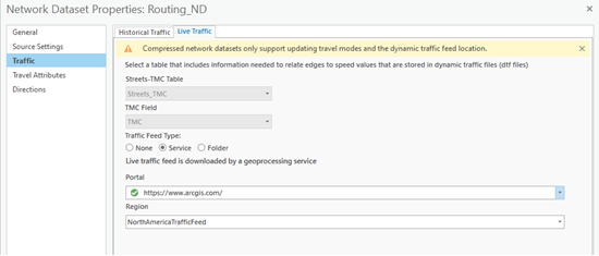 Network Dataset Properties dialog box for Routing_ND showing Live Traffic settings
