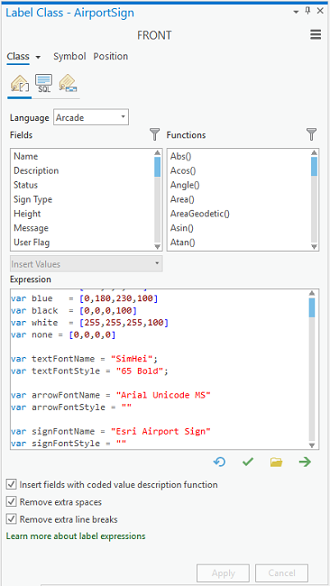 The Label Class properties for AirportSigns.