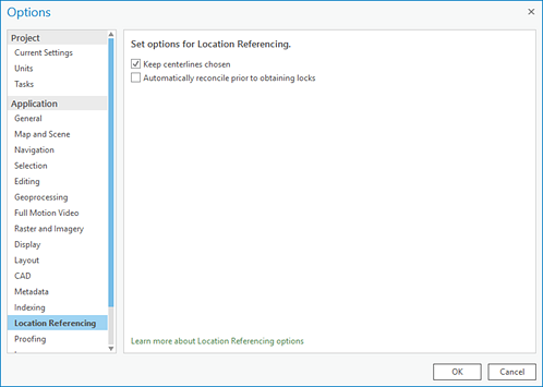 Options dialog box, Location Referencing options