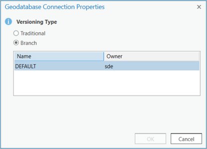 Geodatabase Connection Properties dialog box with Branch versioning type