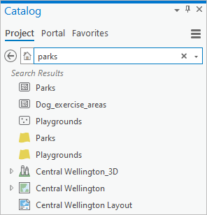Catalog pane showing results for a search on the term parks