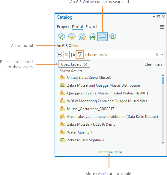 Catalog pane showing search results filtered by item type