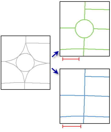 Two examples of Collapse Road Detail tool results using different collapse distances