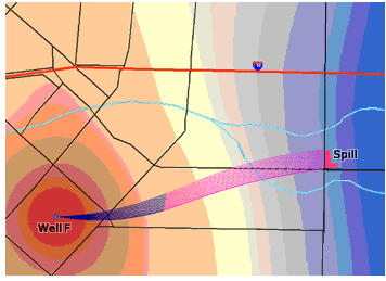 Tracking particles from a contaminant spill to a pumping well