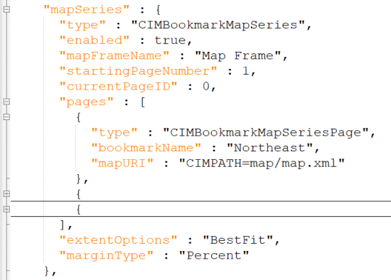 A screen shot of the results of a bookmark map series being inserted into a JSON file.