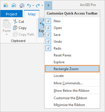 Rectangle Zoom command selected on the Customize Quick Access Toolbar drop-down menu