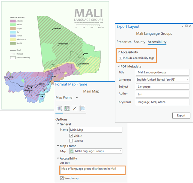 Map layout with Format Map Frame pane and Export Layout pane