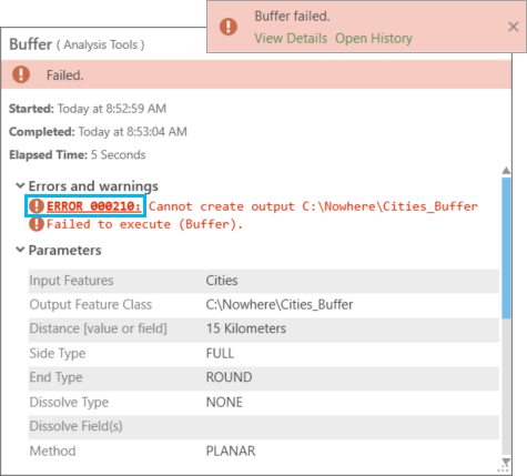 Pop-up details for a geoprocessing tool failure