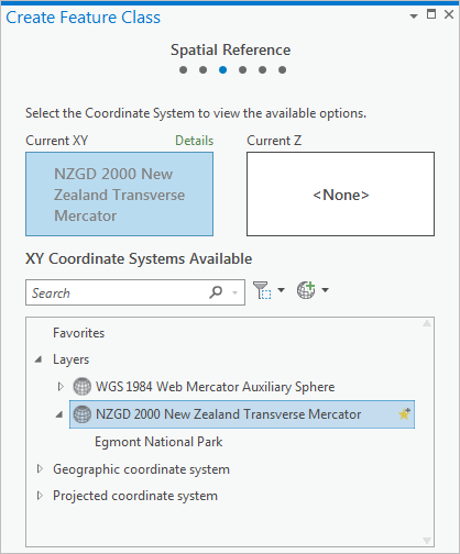 The Spatial Reference page of the Create Feature Class pane