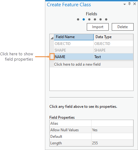 The Fields page of the Create Feature Class pane with field properties displayed