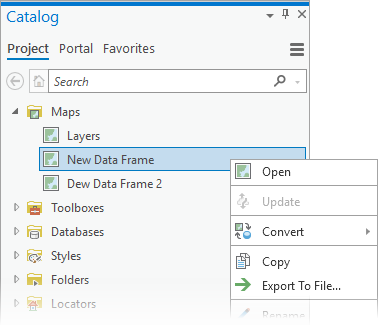 Catalog pane with imported maps corresponding to multiple ArcMap data frames