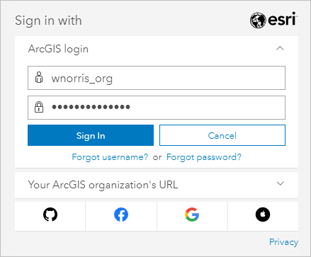 ArcGIS Sign In window