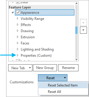 A selected tab with the Reset Selected Item command highlighted