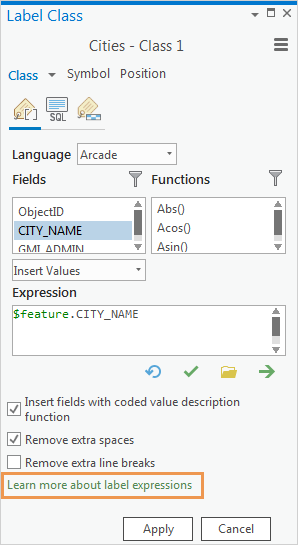 Label Class pane with a link to a help topic on label expressions