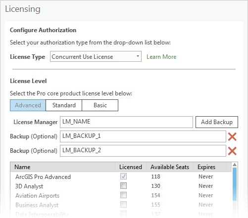 Licensing dialog box with License Type set to Concurrent Use License