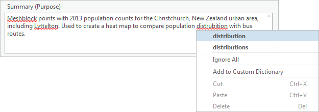 A context menu shows suggested corrections for a misspelled word in an item's metadata