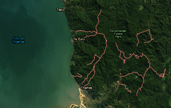 Map showing updated symbology for trails near the Firth of Thames