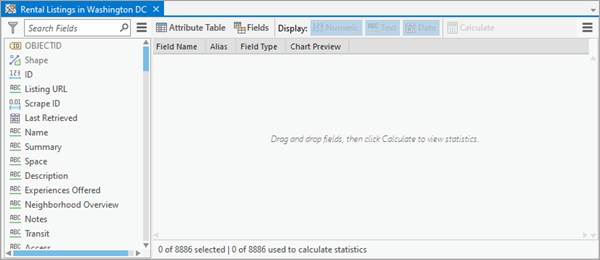 Data Engineering view with fields panel and empty statistics panel