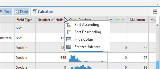 Options for the Number of Nulls column in the statistics table