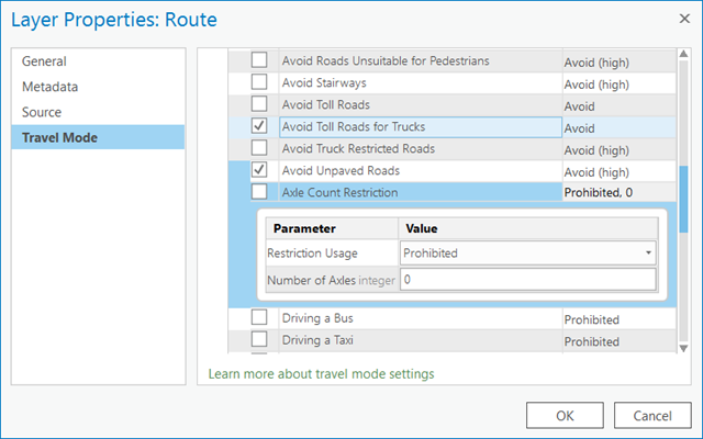 Network Analysis layer properties Travel Mode page showing how to change parameter values