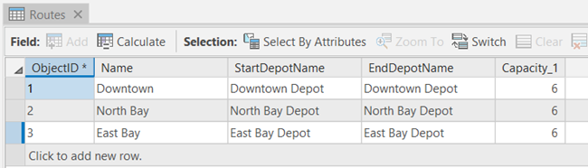 Three routes added to the Routes attribute table