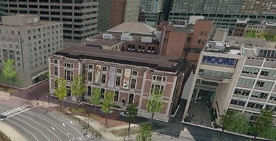 A multipatch feature class containing a set of buildings for a downtown area