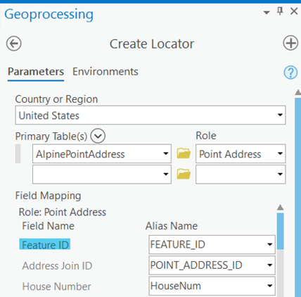 POINT_ADDRESS_ID field assigned to the Feature ID locator role field in the Create Locator tool