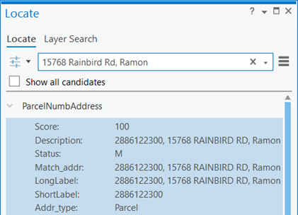 Result of searching for parcel address