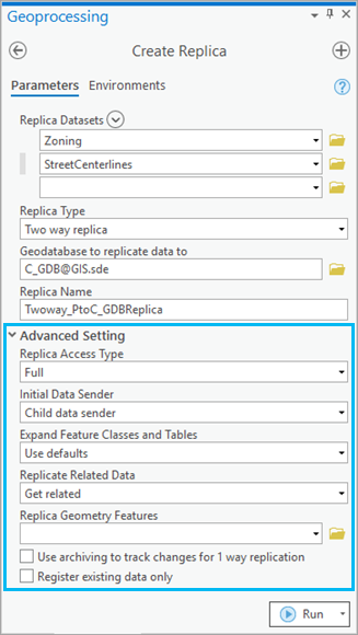 Advanced Setting in the Create Replica tool.