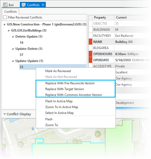 Conflict context menu for traditional version