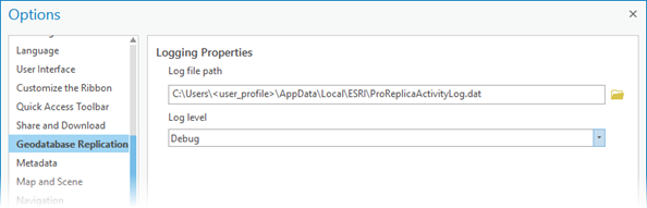 Geodatabase Replication tab accessed from the Options dialog box.
