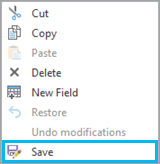 Save button on the context menu of an edited row within the Fields view
